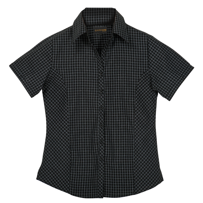 Ladies Pioneer Check Blouse Short Sleeve Black / XS