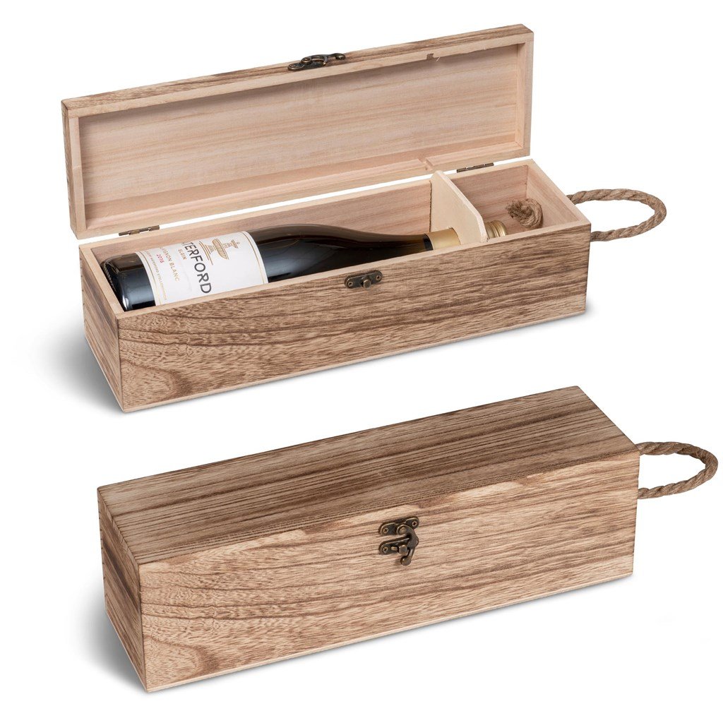 Wooden wine box with a bottle of wine inside on a white background
