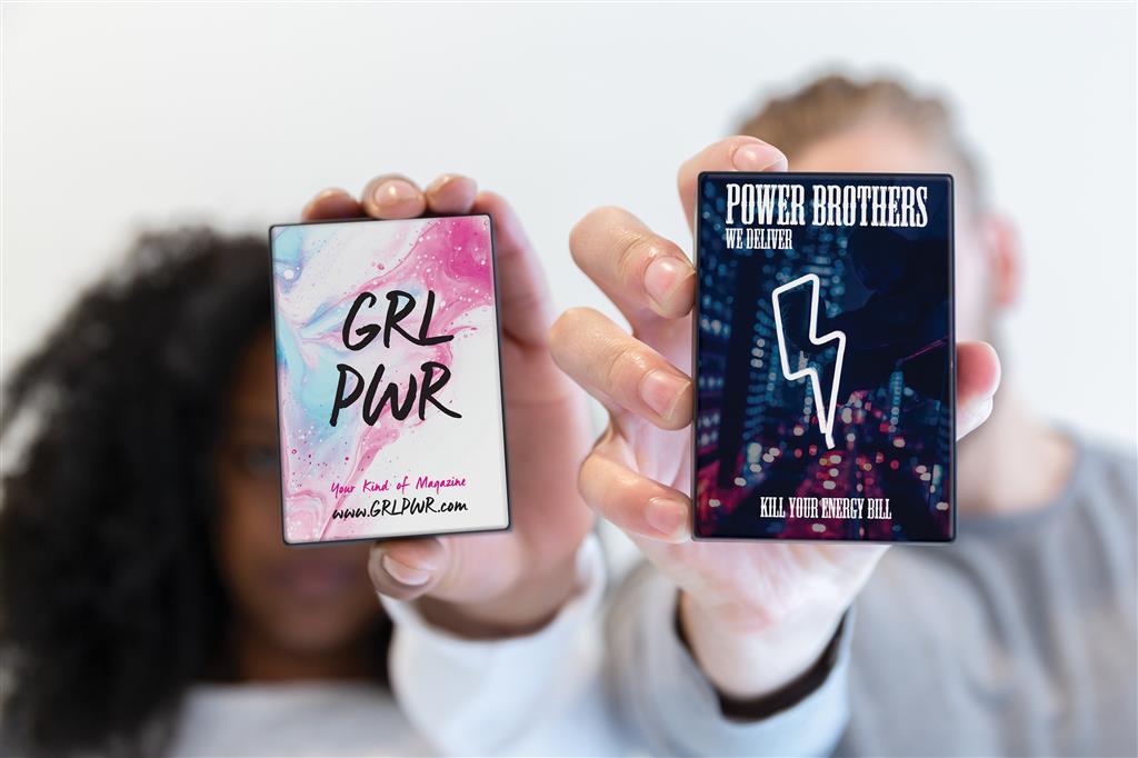 Appropriately branded Tempered glass power banks held by a man and a woman