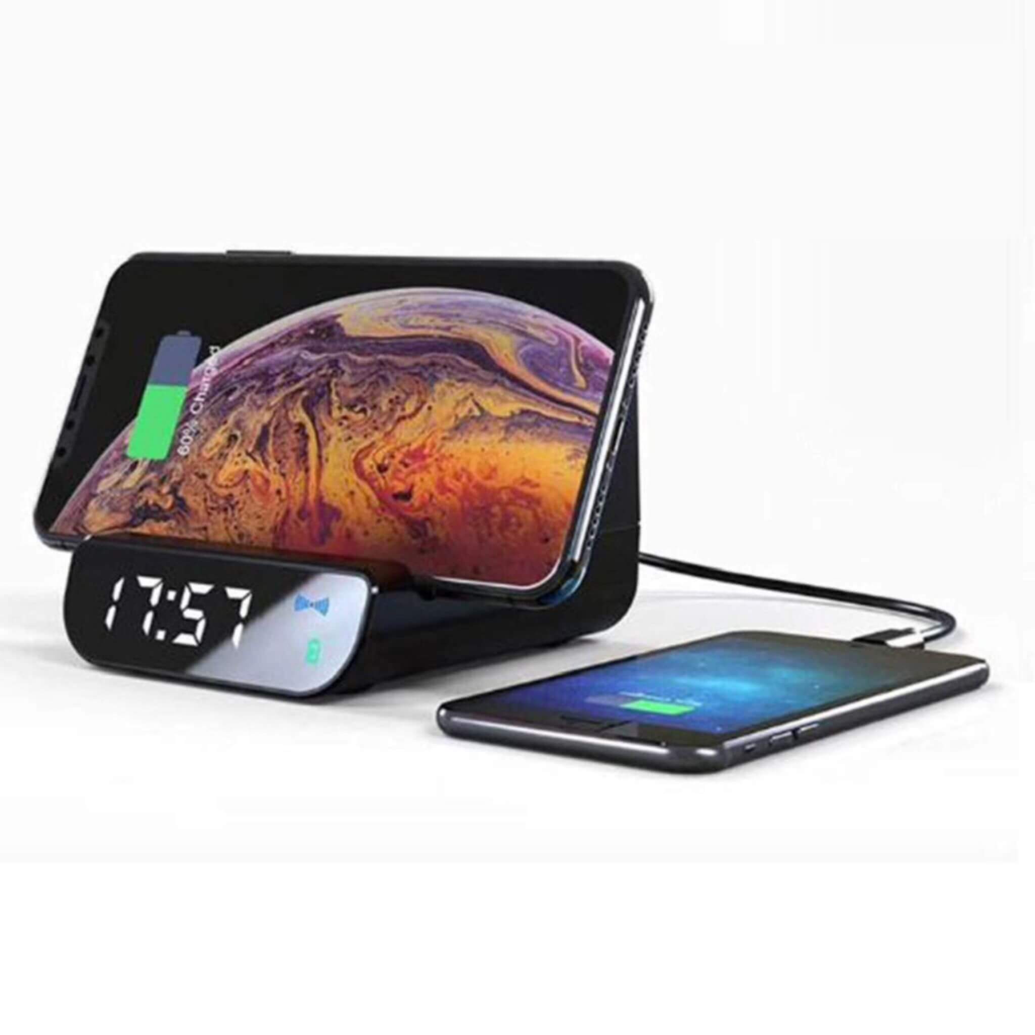 5 Watt Speaker 4000mAh Wireless Powerbank and Alarm Clock Charging two Phones via a cable and wirelessly