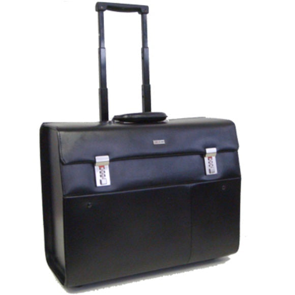Black Genuine Leather Pilot Case On Wheels