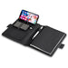 Black organizer with phone stand, pen holder, and notebook on a white background