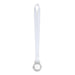 A plain silver medal attached to a white satin lanyard.
