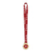 A fully branded gold medal award attached to a red customized satin lanyard with white text, First Place Written on it. The number 1 is printed on the medal.