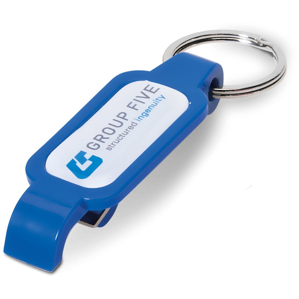 A blue dome keyring bottle opener from Custom Brands Promotions