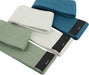 Set of three resistance straps in green, gray, and blue on a white background